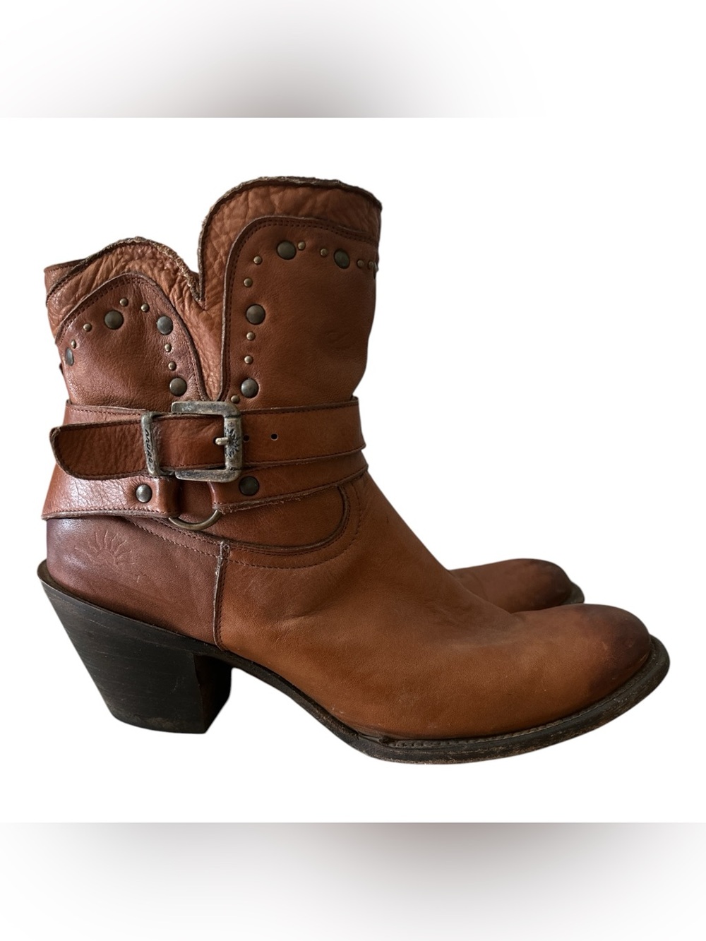 Rio Grande Cognac Leather Studded Buckle Western Ankle Boots - Mexican 27/US 10